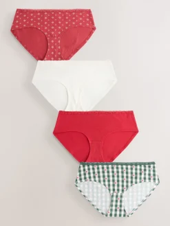 Next Red Heart/Green Check Short Cotton Lace Knickers 4 Pack