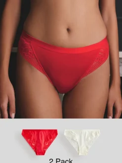 Next High Leg Microfibre and Lace Knickers 2 Pack Red/Cream Clearance
