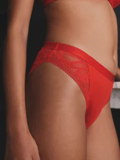 Next High Leg Microfibre and Lace Knickers 2 Pack Red/Cream Clearance