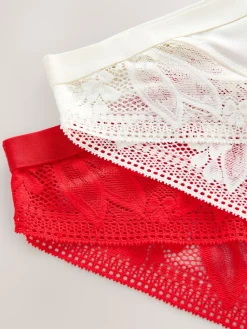 Next High Leg Microfibre and Lace Knickers 2 Pack Red/Cream Clearance