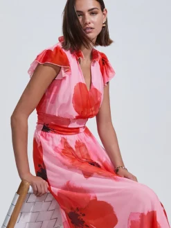 Next Pleated Mesh Print V-Neck Occasion Maxi Dress Red/Pink Floral Clearance