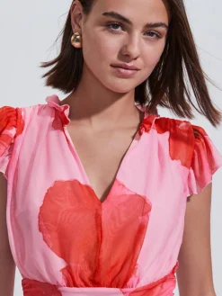 Next Pleated Mesh Print V-Neck Occasion Maxi Dress Red/Pink Floral Clearance