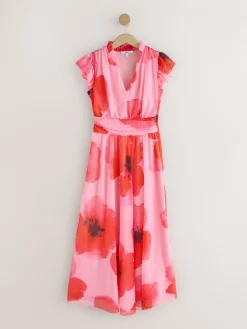 Next Pleated Mesh Print V-Neck Occasion Maxi Dress Red/Pink Floral Clearance