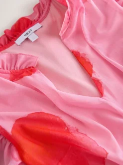 Next Pleated Mesh Print V-Neck Occasion Maxi Dress Red/Pink Floral Clearance