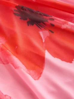 Next Pleated Mesh Print V-Neck Occasion Maxi Dress Red/Pink Floral Clearance