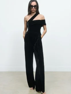 Reiss Black Daria Petite Velvet One-Shoulder Wide-Leg Jumpsuit Sale