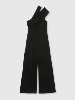 Reiss Daria Velvet One-Shoulder Wide-Leg Jumpsuit Black Sale