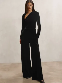Reiss Black Karolina Velvet Sheer-Panel Wide-Leg Jumpsuit Outlet