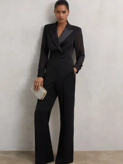 Reiss Black Perla Sheer-Sleeve Tuxedo Jumpsuit