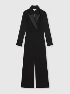 Reiss Black Perla Sheer-Sleeve Tuxedo Jumpsuit