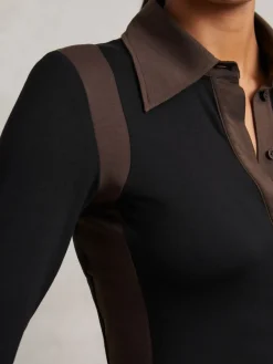 Reiss Black/Chocolate Brown Denise Jersey Colour-Block Collared Shirt Outlet