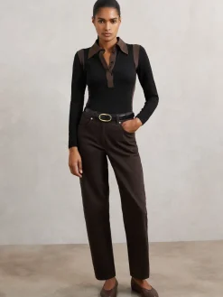 Reiss Black/Chocolate Brown Denise Jersey Colour-Block Collared Shirt Outlet