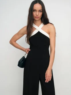 Reiss Black/Cream Cliona Colour-Block Halter Wide-Leg Jumpsuit Sale