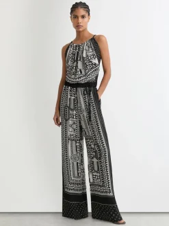 Reiss Black/Ivory Inara Scarf-Print Wide-Leg Jumpsuit