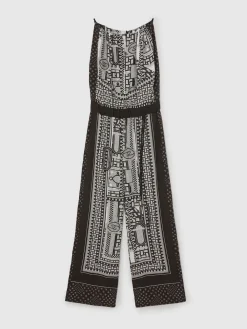 Reiss Black/Ivory Inara Scarf-Print Wide-Leg Jumpsuit