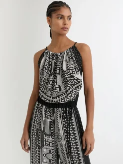 Reiss Black/Ivory Inara Scarf-Print Wide-Leg Jumpsuit