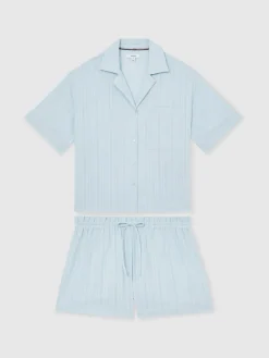 Reiss Molly Cotton Pointelle Shirt and Shorts Set Blue New