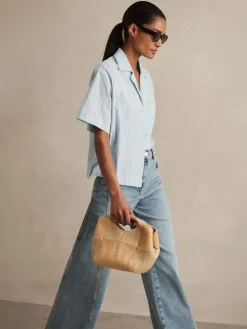 Reiss Molly Cotton Pointelle Shirt and Shorts Set Blue New