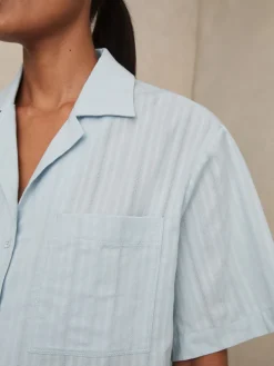 Reiss Molly Cotton Pointelle Shirt and Shorts Set Blue New