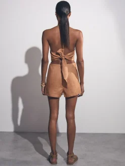 Reiss Brown Bay Linen Halterneck Cut Out Playsuit Discount