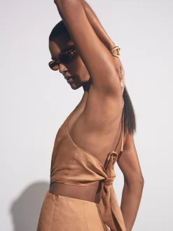 Reiss Brown Bay Linen Halterneck Cut Out Playsuit Discount