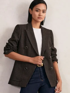 Reiss Brown Check Ayla Wool-Blend Double-Breasted Check Blazer Hot