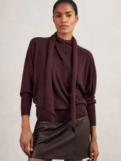 Reiss Alexis Wool Scarf-Tie Draped Jumper Burgundy Hot