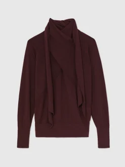 Reiss Alexis Wool Scarf-Tie Draped Jumper Burgundy Hot