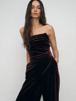 Reiss Burgundy Andria Petite Velvet Drape Strapless Jumpsuit Discount