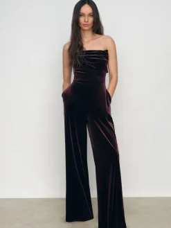 Reiss Burgundy Andria Petite Velvet Drape Strapless Jumpsuit Discount