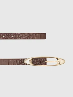 Reiss Evelina Leather Oval-Buckle Belt Burgundy Croc-Effect Online