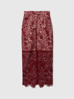 Reiss Burgundy Flo Sheer Lace Midi Pencil Skirt New