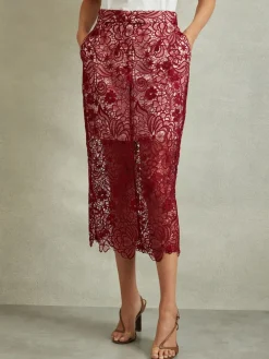 Reiss Burgundy Flo Sheer Lace Midi Pencil Skirt New
