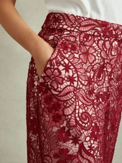 Reiss Burgundy Flo Sheer Lace Midi Pencil Skirt New