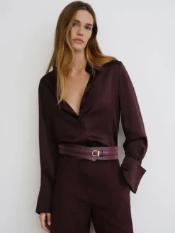 Reiss Burgundy Odell Leather Double-Strap Corset Waist Belt Hot