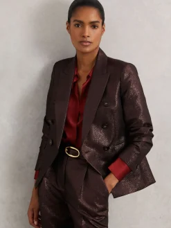Reiss Sienna Petite Double-Breasted Metallic Suit Blazer with Cotton Burgundy Online