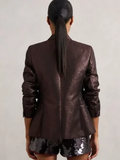 Reiss Sienna Petite Double-Breasted Metallic Suit Blazer with Cotton Burgundy Online