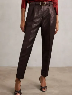 Reiss Sienna Tapered Metallic Suit Trousers with Cotton Burgundy Best
