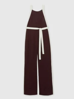 Reiss Salma Petite Colourblock Wide Leg Belted Jumpsuit Burgundy/Cream New