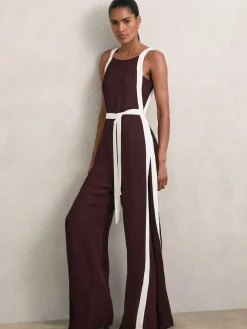 Reiss Salma Colourblock Wide Leg Belted Jumpsuit Burgundy/Cream Sale