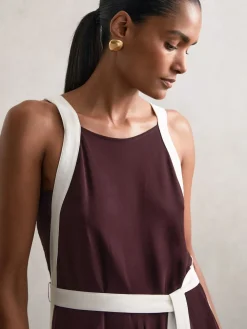 Reiss Salma Colourblock Wide Leg Belted Jumpsuit Burgundy/Cream Sale