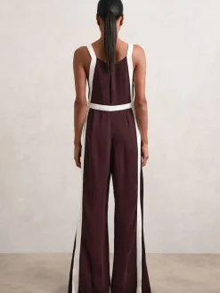 Reiss Salma Colourblock Wide Leg Belted Jumpsuit Burgundy/Cream Sale
