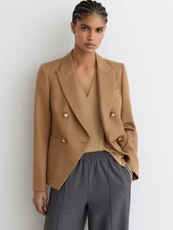 Reiss Gigi Wool-Blend Double-Breasted Blazer Camel Sale