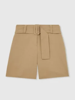 Reiss Camel Harper Cotton-Blend Belted Shorts With Linen Discount