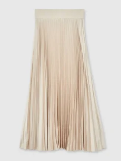 Reiss Seren Pleated Midi Skirt Champagne Neutral New