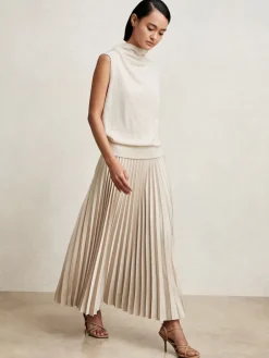 Reiss Seren Pleated Midi Skirt Champagne Neutral New