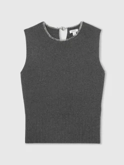 Reiss Nina Wool-Blend Necklace-Trim Knitted Vest Charcoal Grey Sale