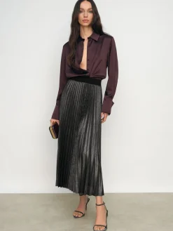 Reiss Charcoal Grey Taylor Metallic Pleated Midi Skirt Hot