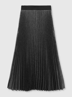Reiss Charcoal Grey Taylor Metallic Pleated Midi Skirt Hot