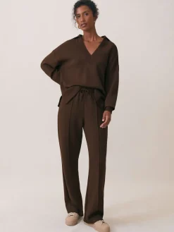 Reiss Chocolate Bernie Premium Interlock Wide-Leg Joggers Clearance